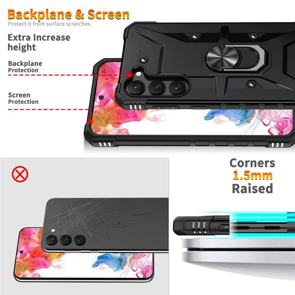 For Samsung Galaxy S23+ Ring Car Mount Kickstand Phone Case Military-Grade Drop-proof Hard PC Soft TPU Hybrid Cover - Black - 4