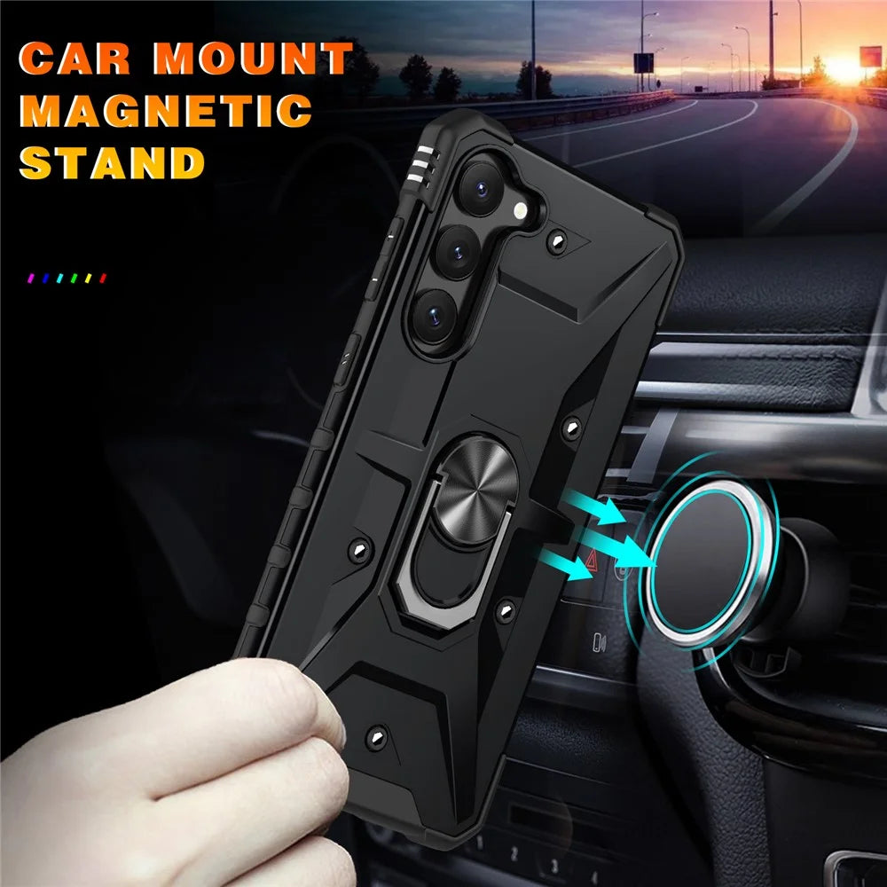 For Samsung Galaxy S23+ Ring Car Mount Kickstand Phone Case Military-Grade Drop-proof Hard PC Soft TPU Hybrid Cover - Black - 6