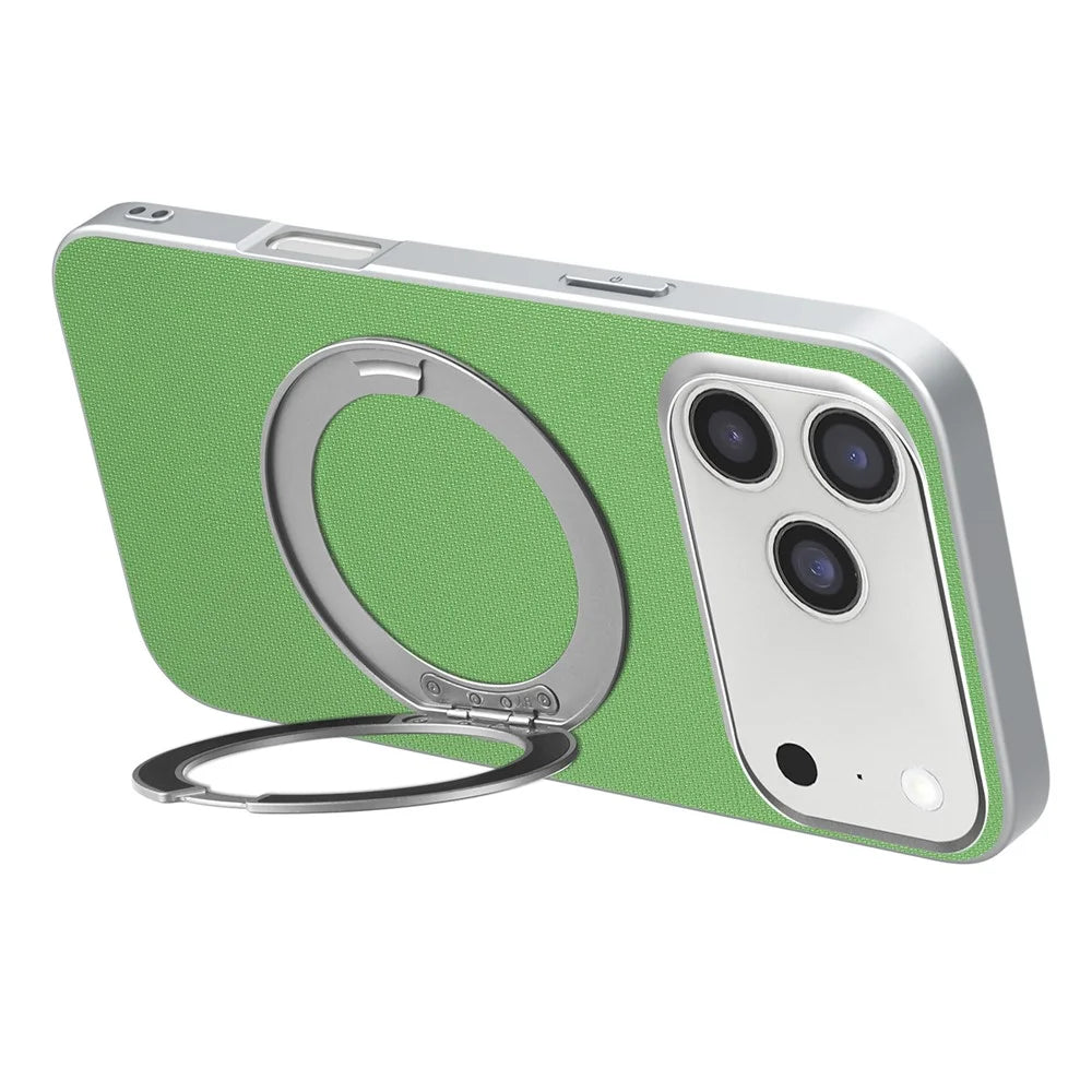 For iPhone 17 Pro Max Magnetic Case Ring Kickstand Fine Grid Texture Leather + PC + TPU Phone Cover - Green - 4