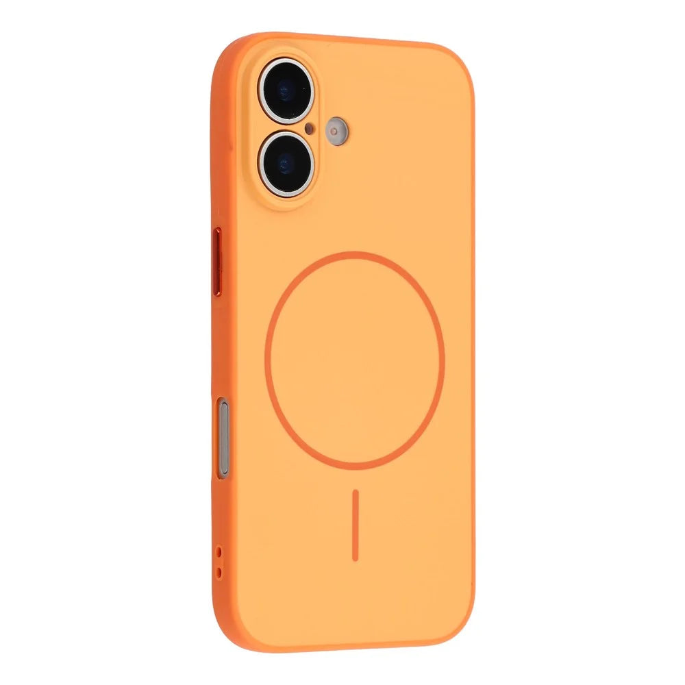 For iPhone 16 Magnetic Case TPU + PC Shockproof Phone Cover with Electroplated Buttons - Orange - 1
