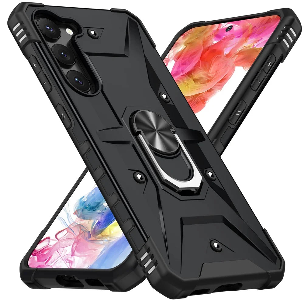 For Samsung Galaxy S23 Scratch Proof Ring Car Mount Kickstand Phone Case Hard PC Soft TPU Hybrid Military-Grade Shockproof Cover - Black - 2