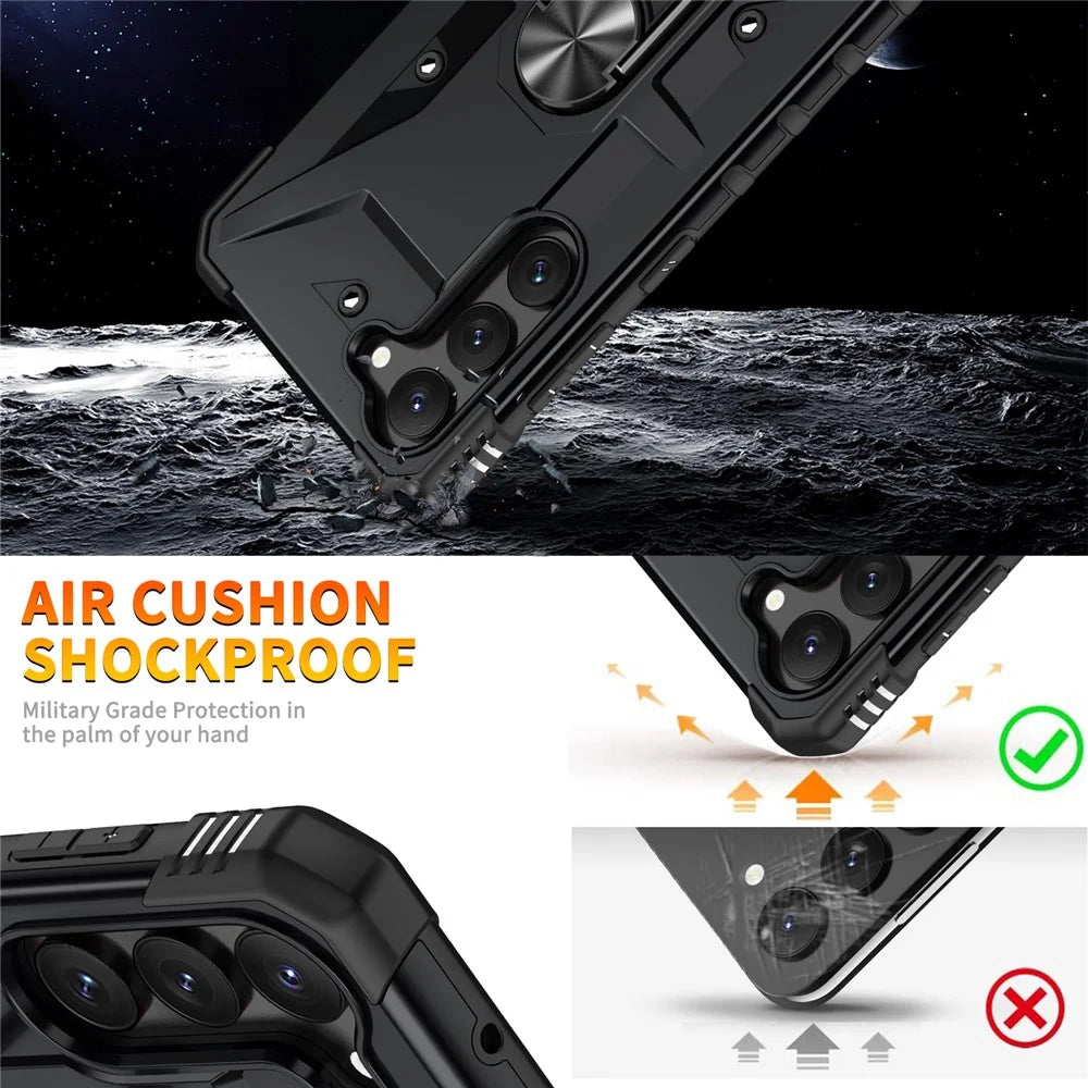 For Samsung Galaxy S23 Scratch Proof Ring Car Mount Kickstand Phone Case Hard PC Soft TPU Hybrid Military-Grade Shockproof Cover - Black - 3