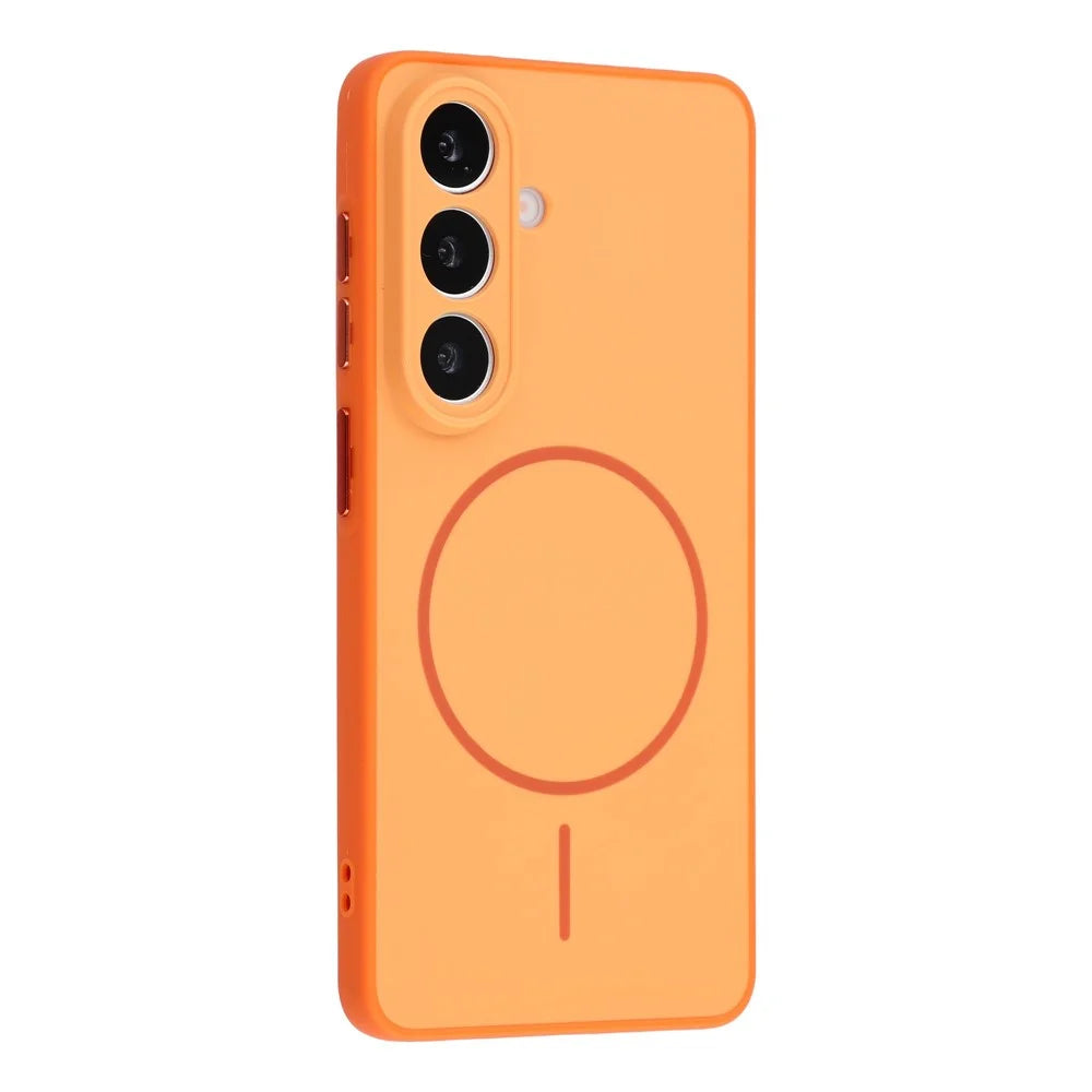 For Samsung Galaxy S25 FE Magnetic Case TPU + PC Shockproof Phone Cover with Electroplated Buttons - Orange - 1