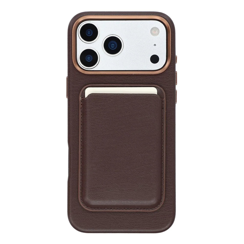 For iPhone 18 Pro Max / 17 Pro Max Magnetic Case with Card Holder Bio-Based Leather Phone Back Cover GRS Certified - Dark Brown - 1