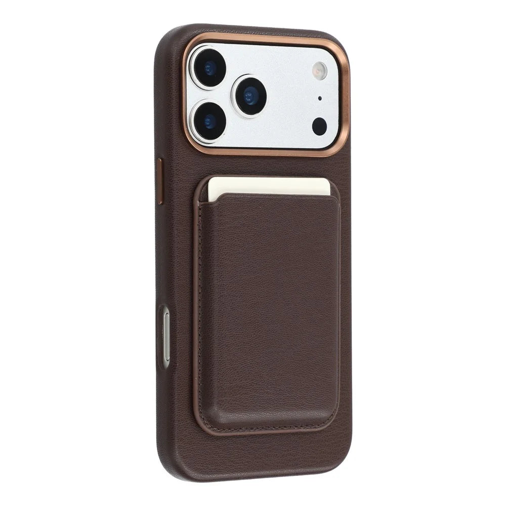 For iPhone 18 Pro Max / 17 Pro Max Magnetic Case with Card Holder Bio-Based Leather Phone Back Cover GRS Certified - Dark Brown - 3