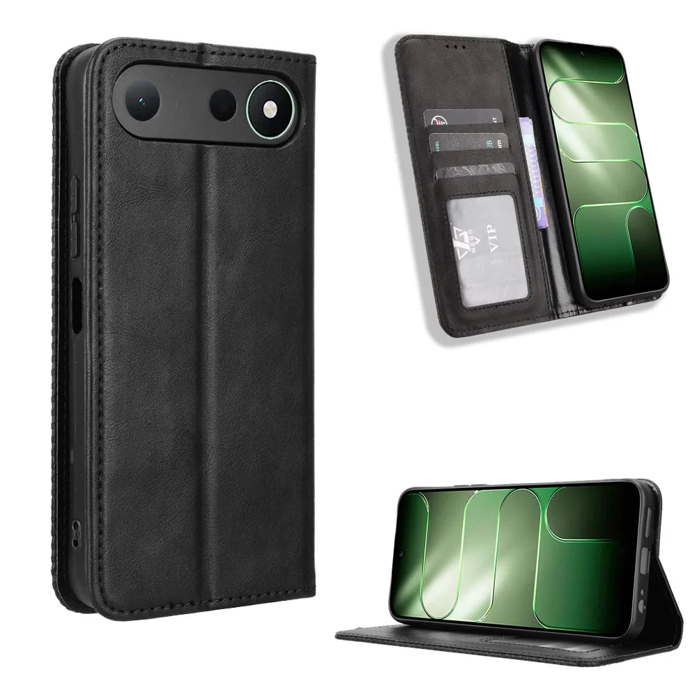 For TECNO Spark 50 5G Leather Case Wallet Stand Retro Texture Phone Cover - Black - 1