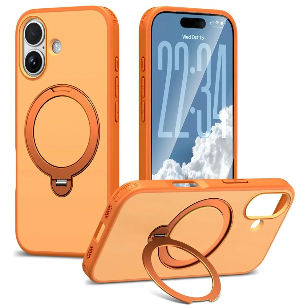 For iPhone 17 Magnetic Case Ring Holder Kickstand PC + TPU Dual-Layer Protective Phone Cover - Orange - 1