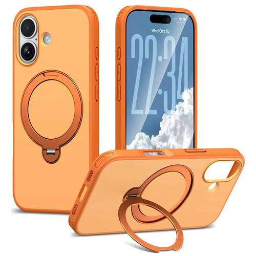 For iPhone 17 Magnetic Case Ring Holder Kickstand PC + TPU Dual-Layer Protective Phone Cover - Orange - 1