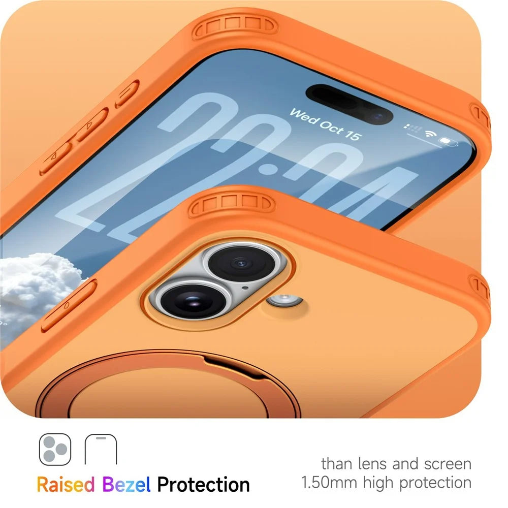 For iPhone 17 Magnetic Case Ring Holder Kickstand PC + TPU Dual-Layer Protective Phone Cover - Orange - 4