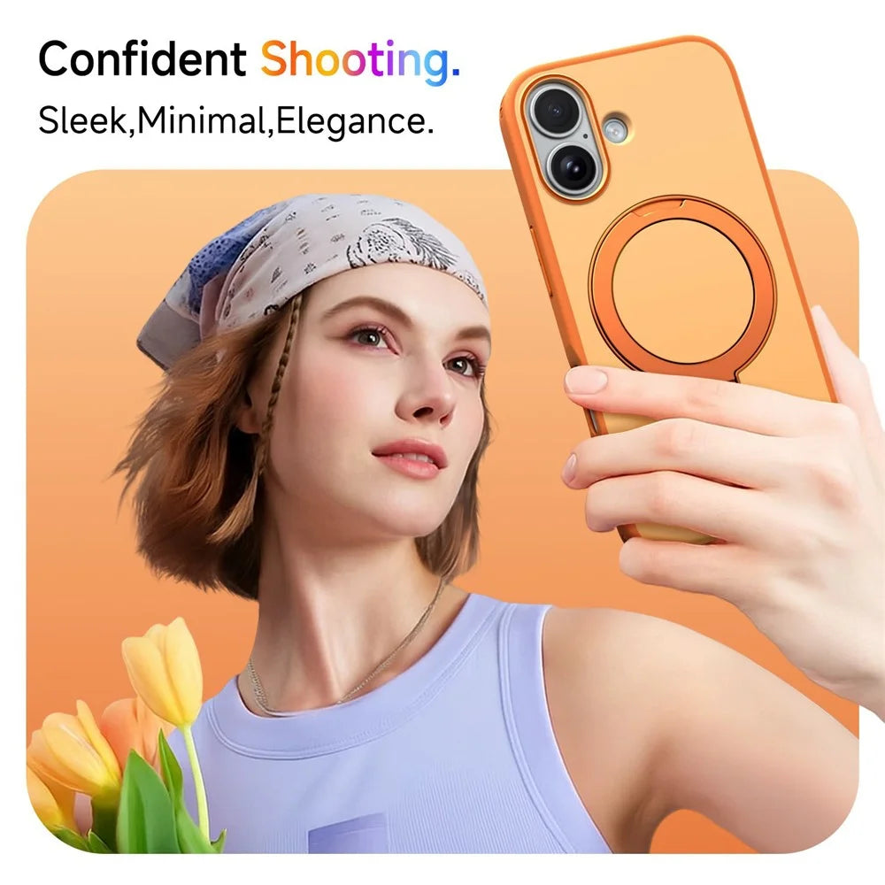 For iPhone 17 Magnetic Case Ring Holder Kickstand PC + TPU Dual-Layer Protective Phone Cover - Orange - 5