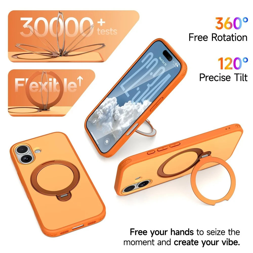 For iPhone 17 Magnetic Case Ring Holder Kickstand PC + TPU Dual-Layer Protective Phone Cover - Orange - 7