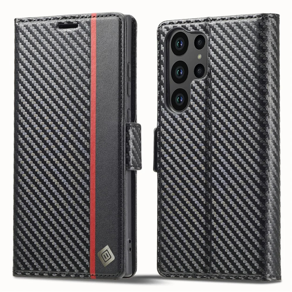 LC.IMEEKE for Samsung Galaxy S23 Ultra Carbon Fiber Texture Phone Wallet Case PU Leather Shockproof Stand Phone Cover - Vertical Stripe - 1