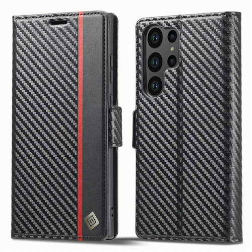 LC.IMEEKE for Samsung Galaxy S23 Ultra Carbon Fiber Texture Phone Wallet Case PU Leather Shockproof Stand Phone Cover - Vertical Stripe - 1