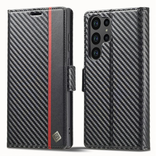 LC.IMEEKE for Samsung Galaxy S23 Ultra Carbon Fiber Texture Phone Wallet Case PU Leather Shockproof Stand Phone Cover - Vertical Stripe - 1