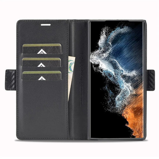 LC.IMEEKE for Samsung Galaxy S23 Ultra Carbon Fiber Texture Phone Wallet Case PU Leather Shockproof Stand Phone Cover - Vertical Stripe - 2