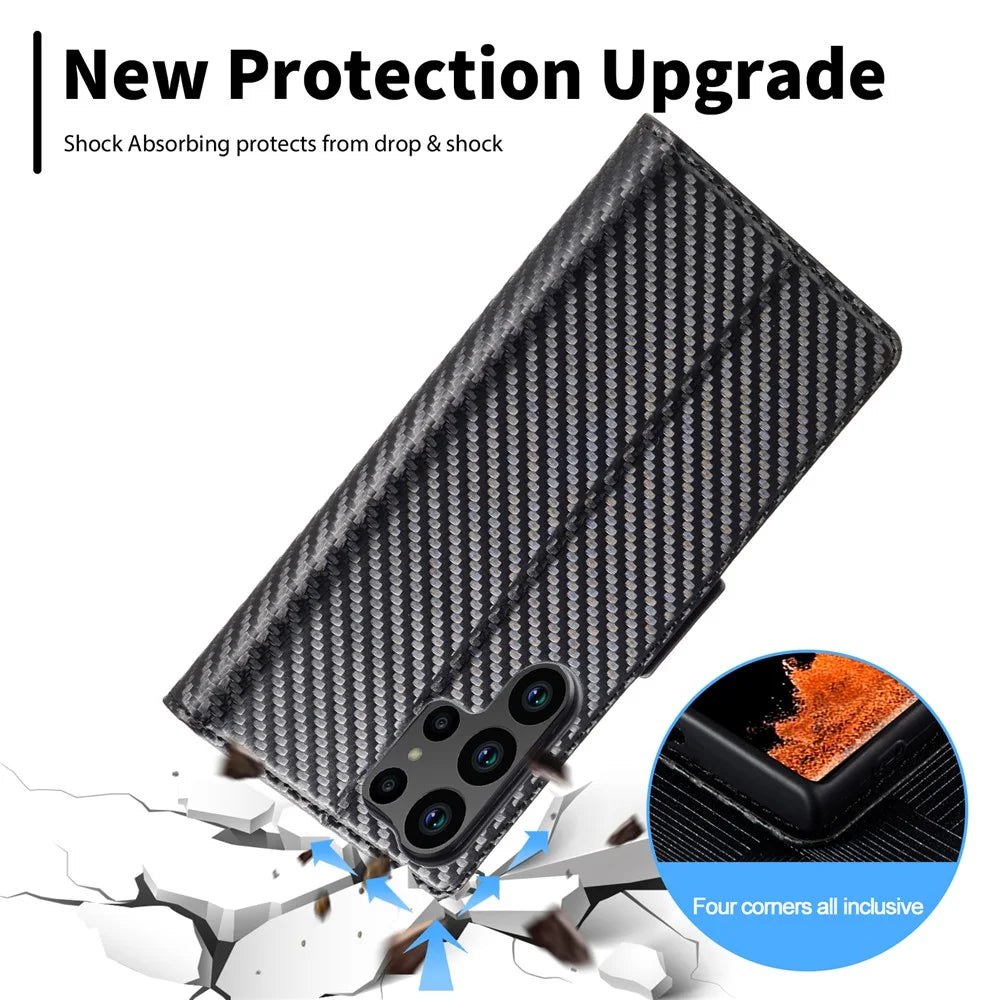 LC.IMEEKE for Samsung Galaxy S23 Ultra Carbon Fiber Texture Phone Wallet Case PU Leather Shockproof Stand Phone Cover - Vertical Stripe - 7