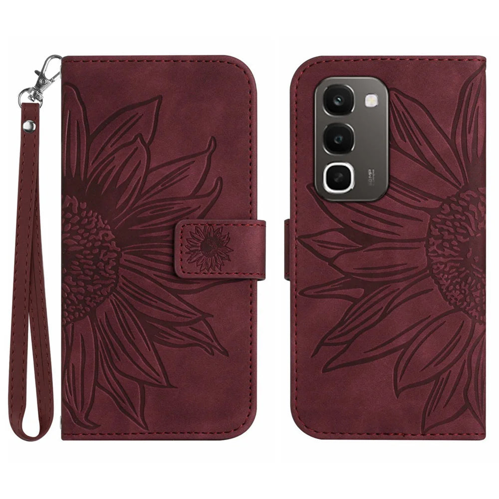 Sunflower Imprint Case For Realme C100x 4G / C100i 4G / C100 4G Leather Wallet Phone Cover with Wrist Strap - Wine Red - 1