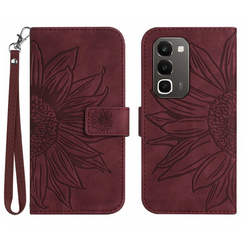 Sunflower Imprint Case For Realme C100x 4G / C100i 4G / C100 4G Leather Wallet Phone Cover with Wrist Strap - Wine Red - 1