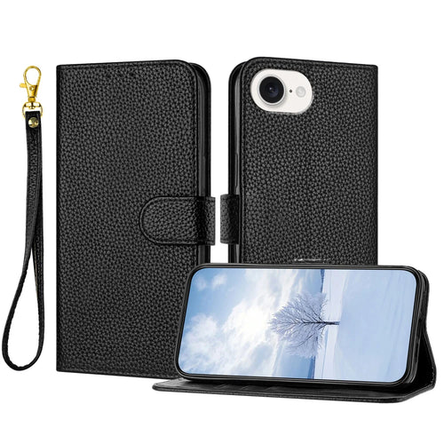 For iPhone 16e / iPhone 17e Leather Case Litchi Texture Wallet Stand Anti Drop Phone Cover with Wrist Strap - Black - 1