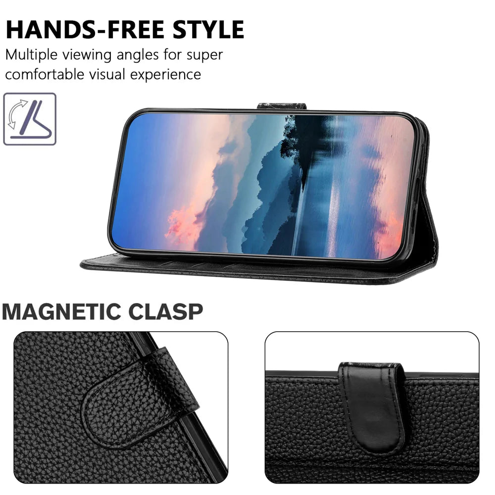 For iPhone 16e / iPhone 17e Leather Case Litchi Texture Wallet Stand Anti Drop Phone Cover with Wrist Strap - Black - 4