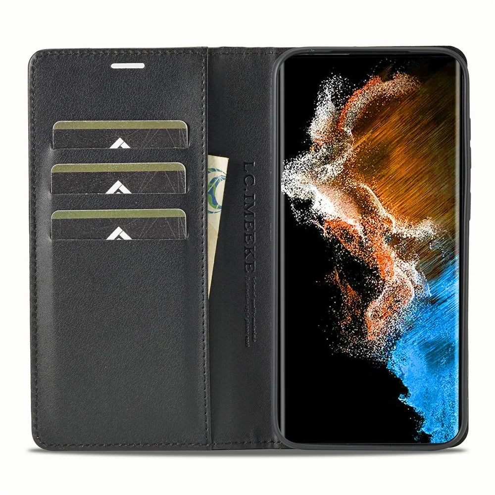 LC.IMEEKE for Samsung Galaxy S23+ Carbon Fiber Texture PU Leather Wallet Phone Cover Full Protection Stand Case - Vertical Stripe - 3