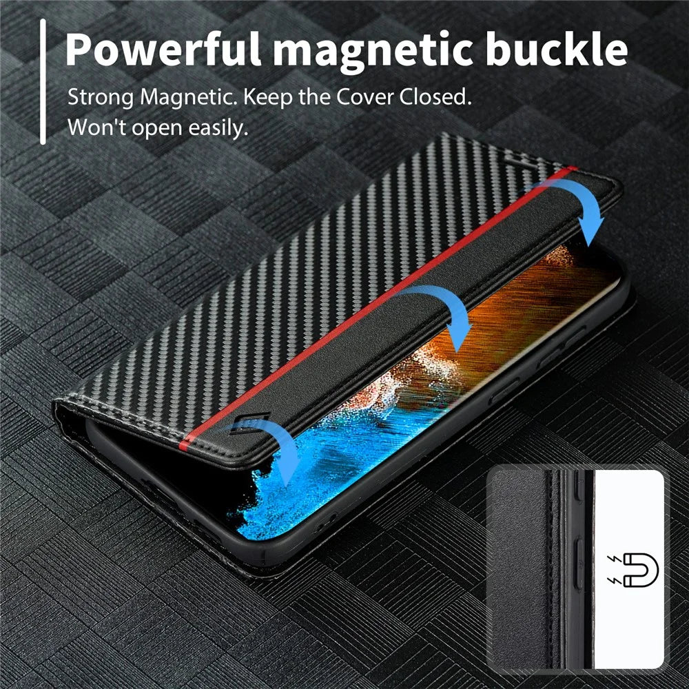 LC.IMEEKE for Samsung Galaxy S23+ Carbon Fiber Texture PU Leather Wallet Phone Cover Full Protection Stand Case - Vertical Stripe - 4