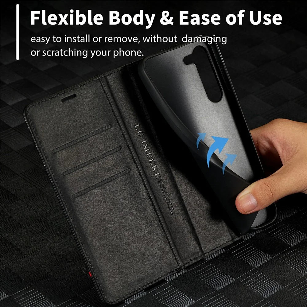 LC.IMEEKE for Samsung Galaxy S23+ Carbon Fiber Texture PU Leather Wallet Phone Cover Full Protection Stand Case - Vertical Stripe - 5