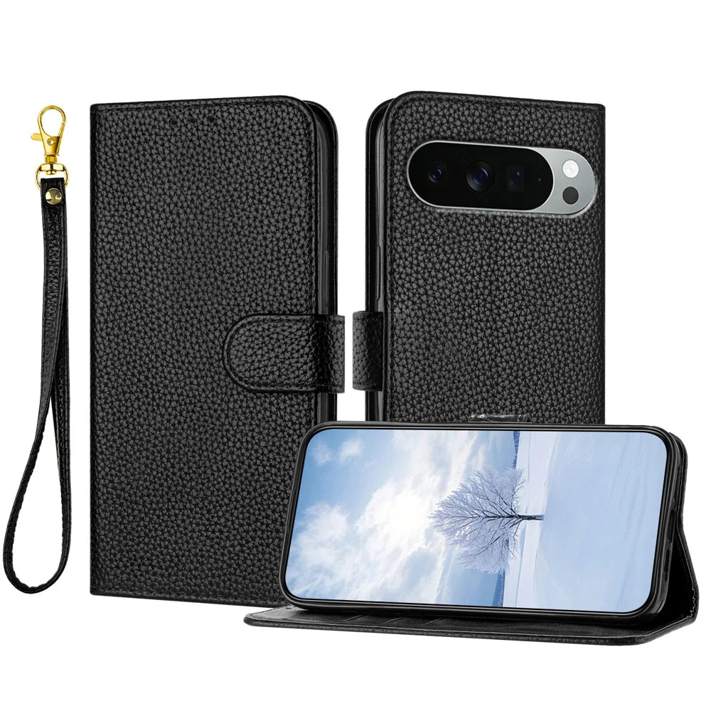 For Google Pixel 11 Pro XL Leather Case Litchi Texture Wallet Stand Anti Drop Phone Cover with Wrist Strap - Black - 1