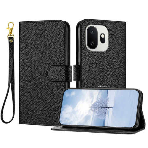 For OnePlus 15T 5G Leather Case Litchi Texture Wallet Stand Anti Drop Phone Cover with Wrist Strap - Black - 1