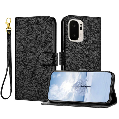 For OnePlus Ace 6 Ultra 5G Leather Case Litchi Texture Wallet Stand Anti Drop Phone Cover with Wrist Strap - Black - 1