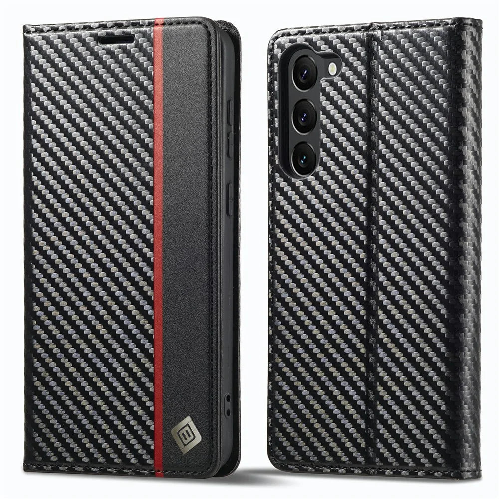 LC.IMEEKE for Samsung Galaxy S23 Carbon Fiber Texture Magnetic Clasp Phone Stand Case PU Leather Wallet Cover - Vertical Stripe - 1