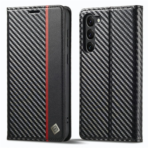 LC.IMEEKE for Samsung Galaxy S23 Carbon Fiber Texture Magnetic Clasp Phone Stand Case PU Leather Wallet Cover - Vertical Stripe - 1