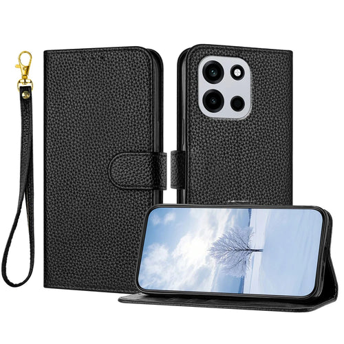 For OnePlus Nord CE6 5G / Nord 6 5G / Turbo 6V 5G / Turbo 6 5G Leather Case Litchi Texture Wallet Stand Anti Drop Phone Cover with Wrist Strap - Black - 1