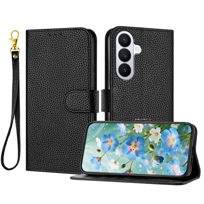 For Samsung Galaxy S26+ Leather Case Litchi Texture Wallet Stand Anti Drop Phone Cover with Wrist Strap - Black - 1