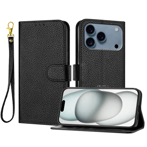 For iPhone 18 Pro Max / 17 Pro Max Leather Case Litchi Texture Wallet Stand Anti Drop Phone Cover with Wrist Strap - Black - 1