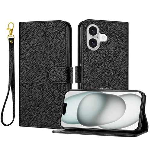 For iPhone 17 Leather Case Litchi Texture Wallet Stand Anti Drop Phone Cover with Wrist Strap - Black - 1