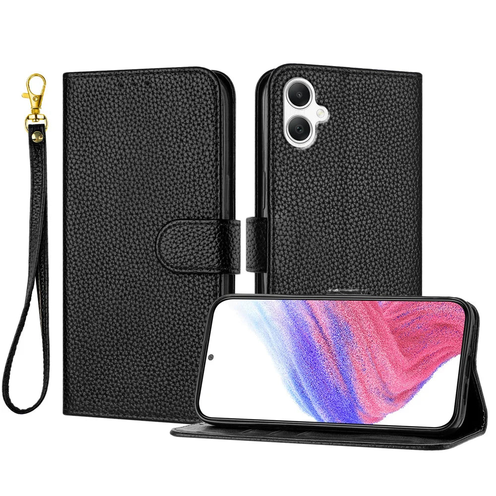For Samsung Galaxy A08 5G / A08 4G / A07 5G / A07 4G / A06 5G / A06 4G Leather Case Litchi Texture Wallet Stand Anti Drop Phone Cover with Wrist Strap - Black - 1