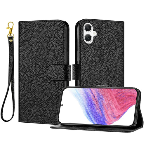 For Samsung Galaxy A08 5G / A08 4G / A07 5G / A07 4G / A06 5G / A06 4G Leather Case Litchi Texture Wallet Stand Anti Drop Phone Cover with Wrist Strap - Black - 1