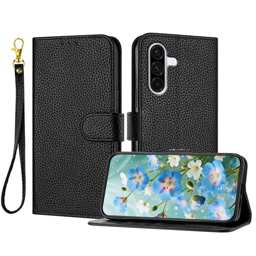 For Samsung Galaxy A36 5G / Galaxy A56 5G / Galaxy A37 5G Leather Case Litchi Texture Wallet Stand Anti Drop Phone Cover with Wrist Strap - Black - 1