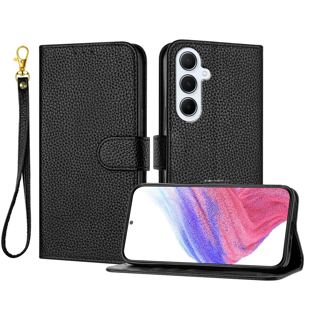 For Samsung Galaxy A18 5G / A18 4G / A17 5G / A17 4G / A26 5G Leather Case Litchi Texture Wallet Stand Anti Drop Phone Cover with Wrist Strap - Black - 1