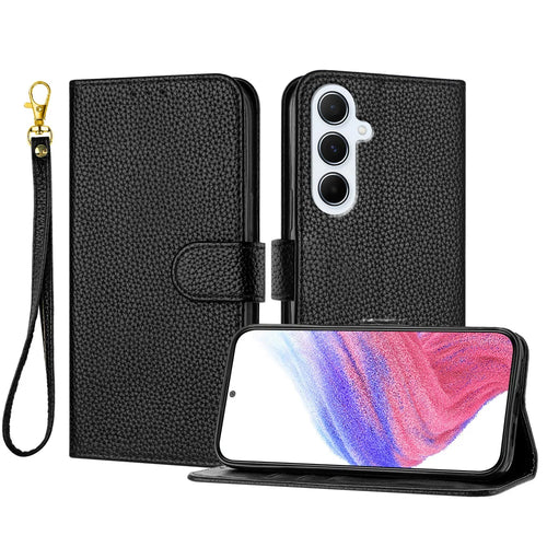 For Samsung Galaxy A18 5G / A18 4G / A17 5G / A17 4G / A26 5G Leather Case Litchi Texture Wallet Stand Anti Drop Phone Cover with Wrist Strap - Black - 1