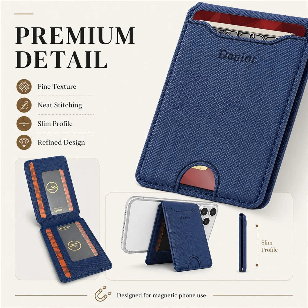 DENIOR V27 Magnetic Card Wallet for iPhone 17e / Air / 17 / 17 Pro / 17 Pro Max / 16e / 16 / 16 Plus / 16 Pro / 16 Pro Max Vertical Flip Foldable Stand Holder - Blue - 4