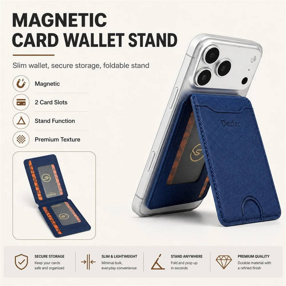 DENIOR V27 Magnetic Card Wallet for iPhone 17e / Air / 17 / 17 Pro / 17 Pro Max / 16e / 16 / 16 Plus / 16 Pro / 16 Pro Max Vertical Flip Foldable Stand Holder - Blue - 6