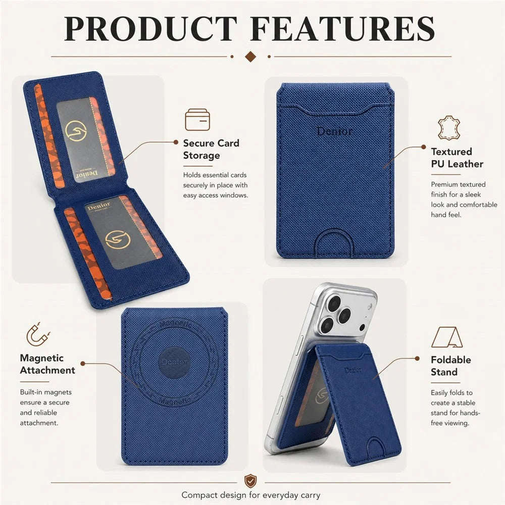 DENIOR V27 Magnetic Card Wallet for iPhone 17e / Air / 17 / 17 Pro / 17 Pro Max / 16e / 16 / 16 Plus / 16 Pro / 16 Pro Max Vertical Flip Foldable Stand Holder - Blue - 7