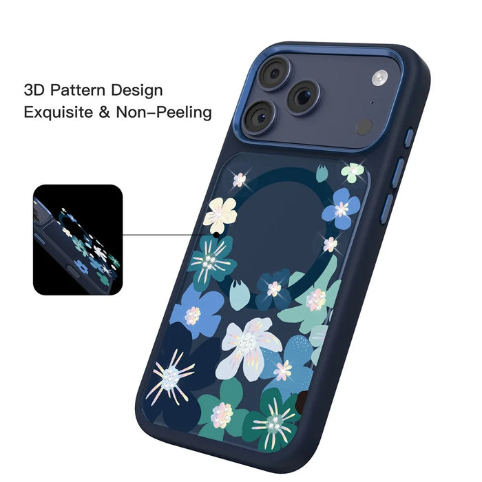 MUTURAL For iPhone 17 Pro Magnetic Case Flower Pattern Design Liquid Silicone + Glass + PC Phone Cover - Dark Blue - 4