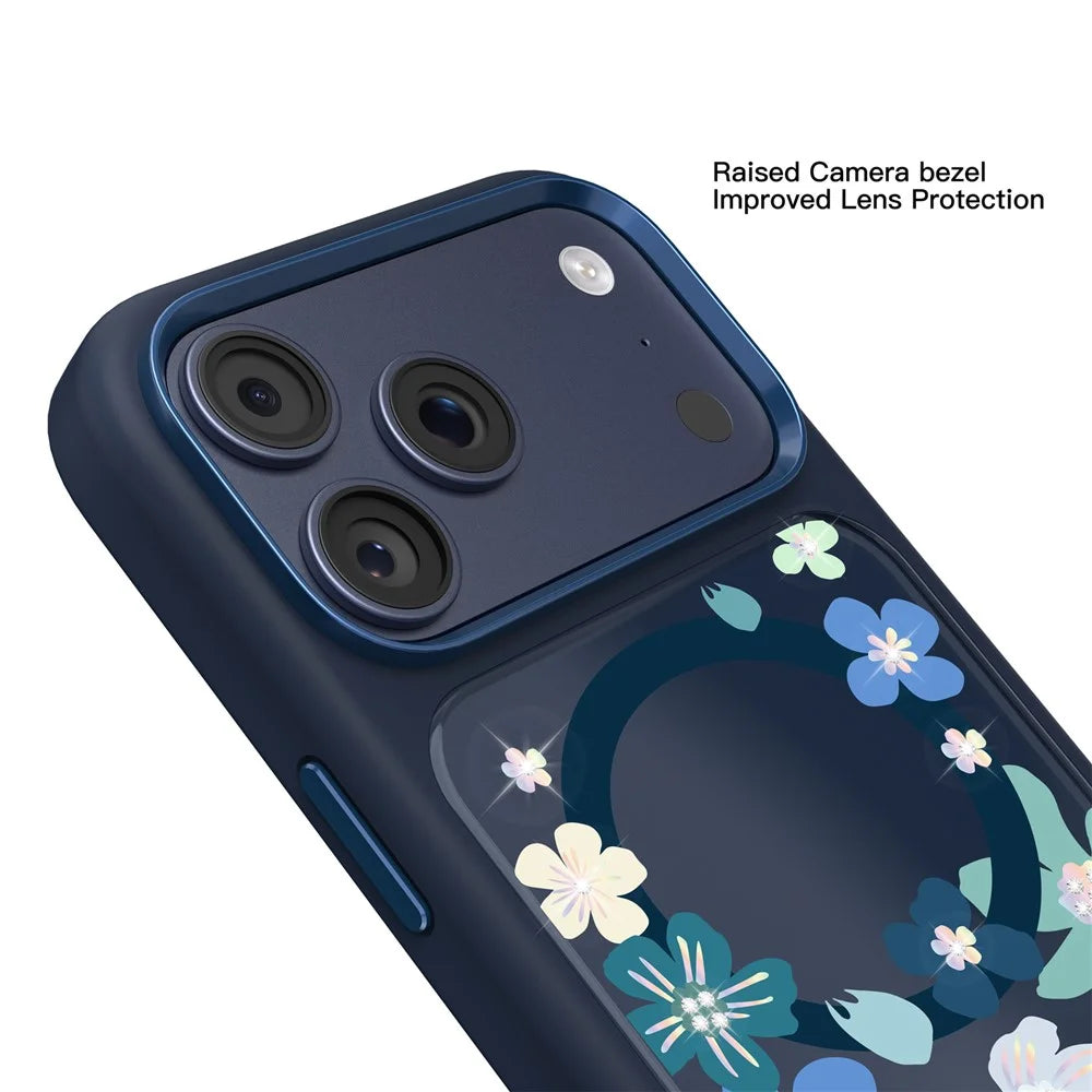 MUTURAL For iPhone 17 Pro Magnetic Case Flower Pattern Design Liquid Silicone + Glass + PC Phone Cover - Dark Blue - 6