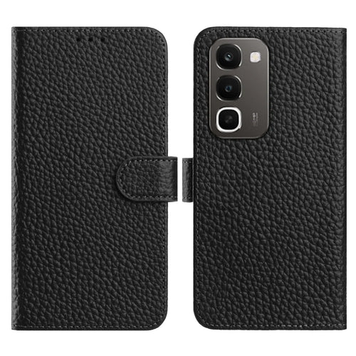 Wallet Stand Case For Realme C100x 4G / C100i 4G / C100 4G Litchi Texture Genuine Cow Leather Flip Phone Cover - Black - 1