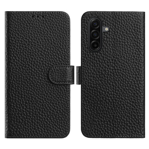 For Samsung Galaxy S26 FE Case Wallet Stand Litchi Texture Genuine Cow Leather Flip Phone Cover - Black - 1