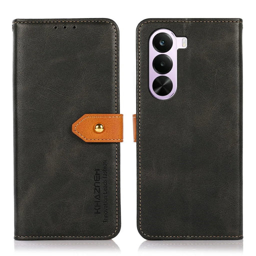 KHAZNEH For OnePlus Nord CE6 Lite 5G Wallet Case Gold Magnetic Clasp Cowhide Texture Leather Flip Stand Phone Cover - Black - 1