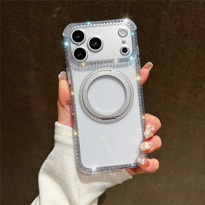 For iPhone 18 Pro / 17 Pro Magnetic Case Rhinestones Decor Ring Kickstand PC + TPU Clear Phone Cover - Transparent - 1